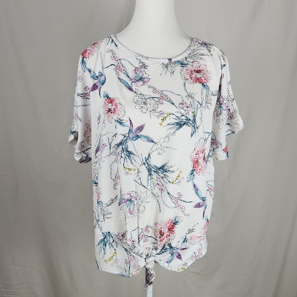 Buffalo David Bitton Relaxed Tie Front Blouse in White and Pink - Picture 1 of 7